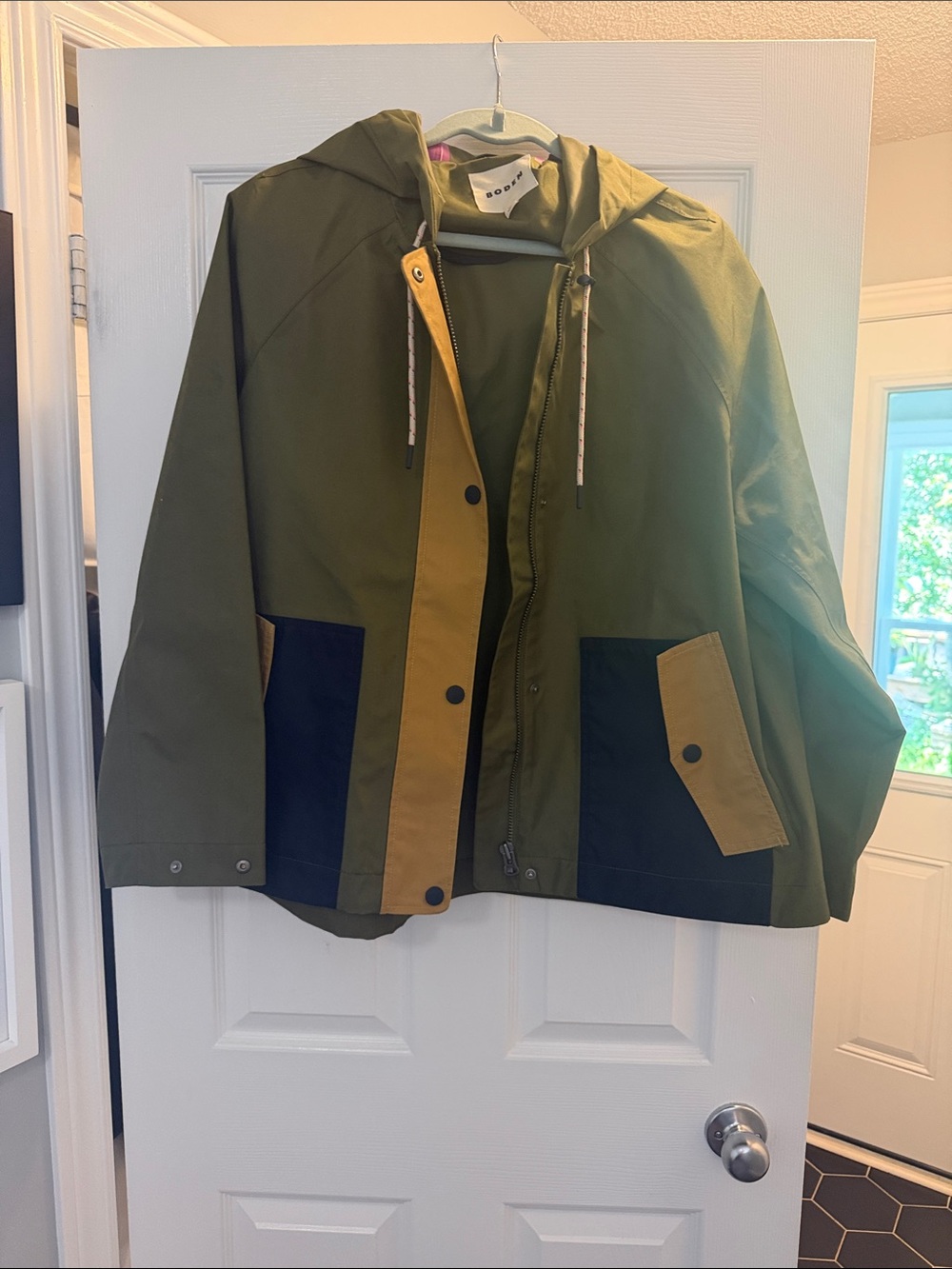 Olive Green Hooded Jacket with Contrast Panels